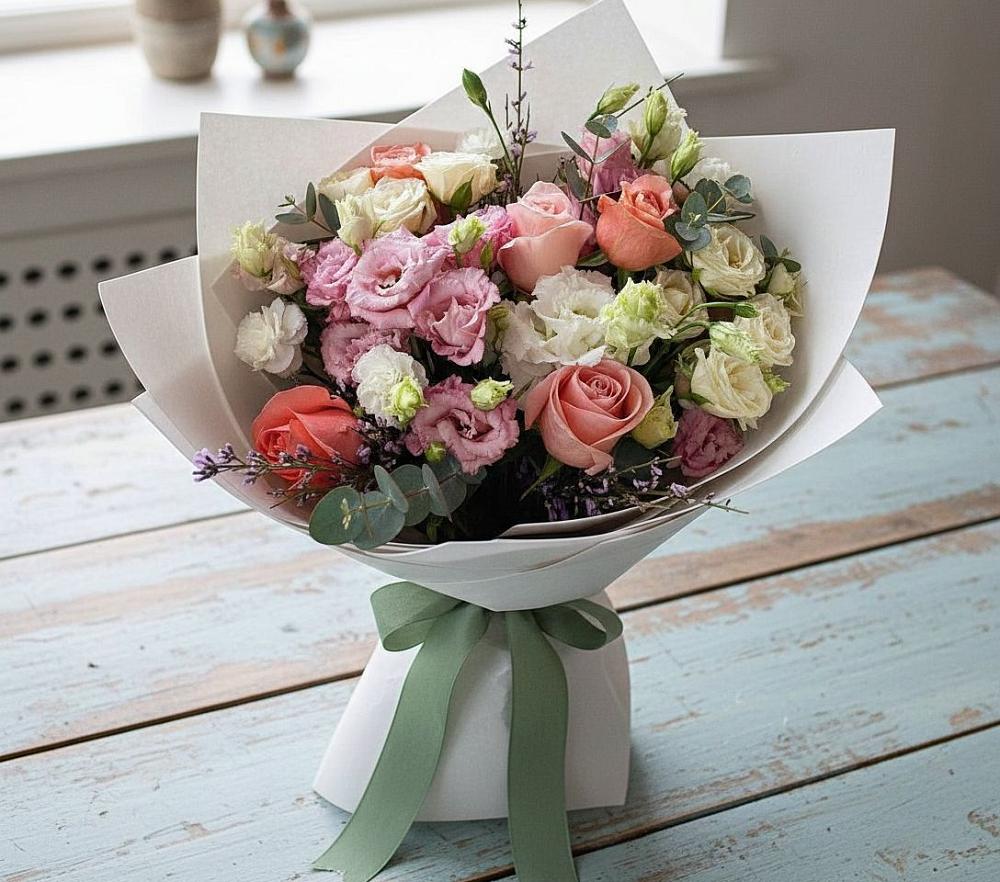 Букет цветов из: Розы, Лизиантусы и Гвоздики в Чернятино