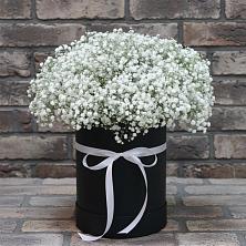 Цветочная композиция из Гипсофила в шляпной коробке в Чернятино